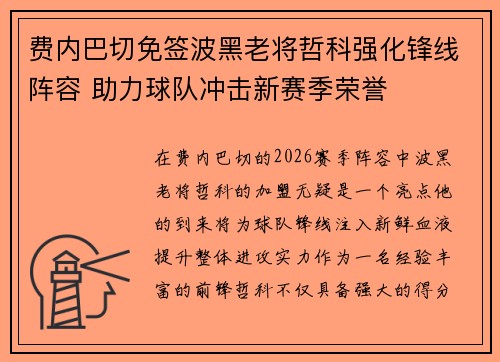 费内巴切免签波黑老将哲科强化锋线阵容 助力球队冲击新赛季荣誉